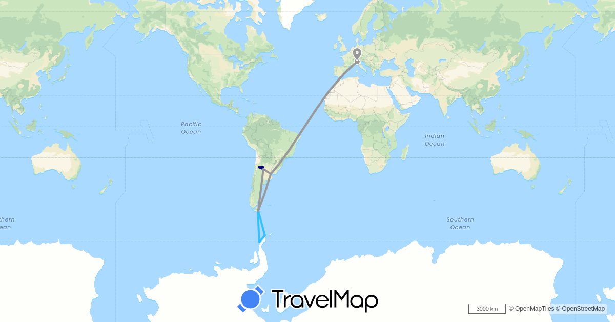 TravelMap itinerary: driving, plane, boat in Argentina, Italy (Europe, South America)
